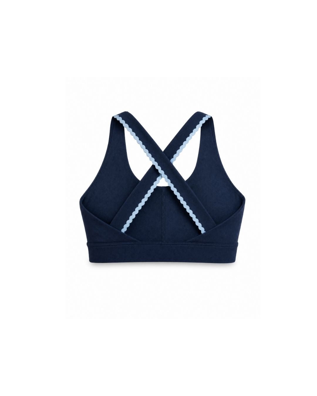 Navy blue sports bra with white lace trim on a white background