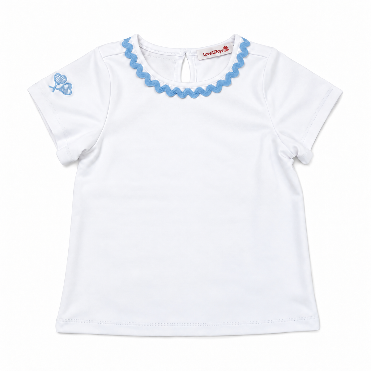 A white short-sleeve baby top with a light blue scalloped collar and a small blue butterfly motif on the left sleeve, shown flat on a white background.