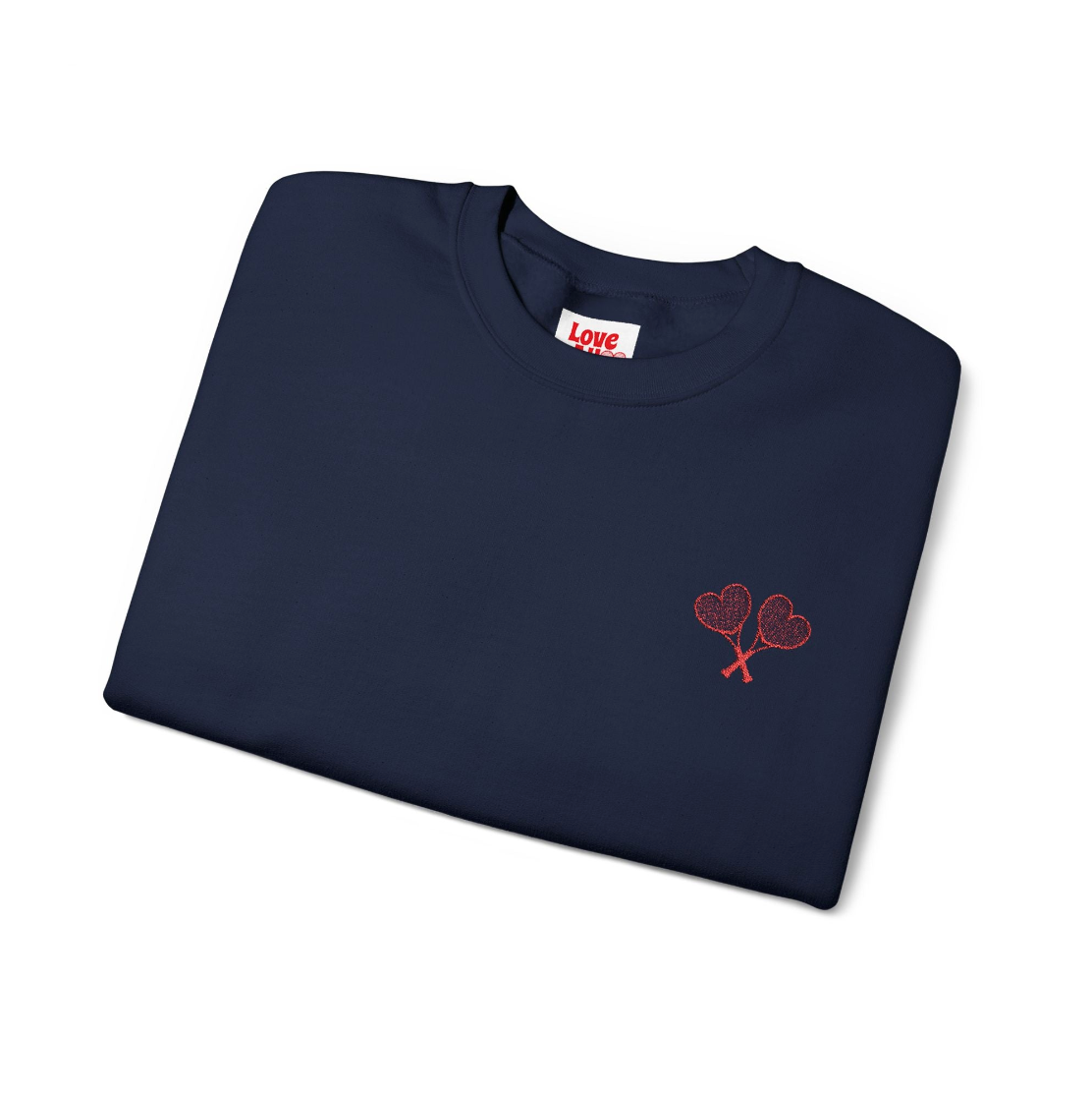 Folded navy blue sweatshirt with red logo and text on a white background