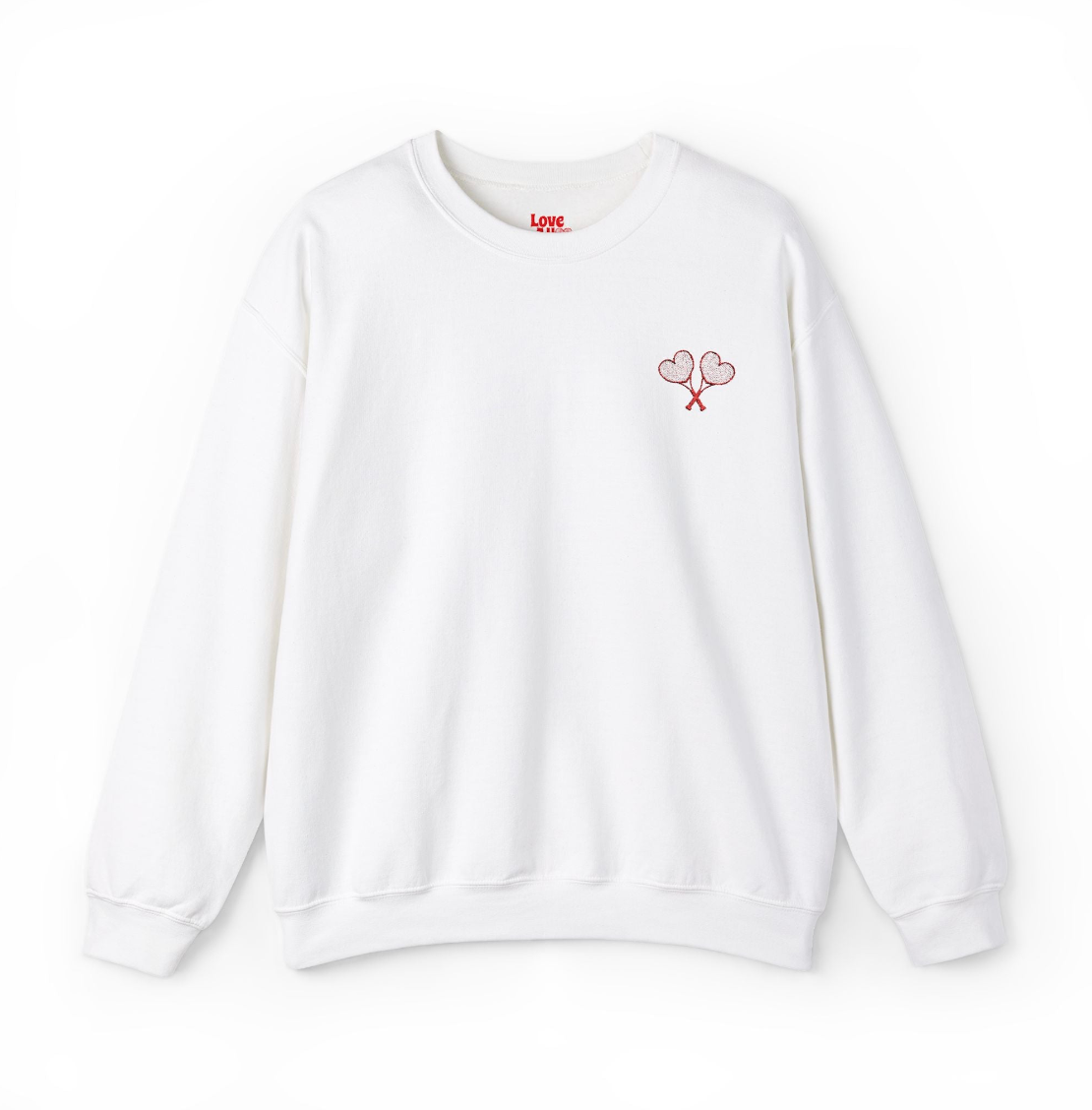 White sweatshirt with tennis racket and ball design on a white background