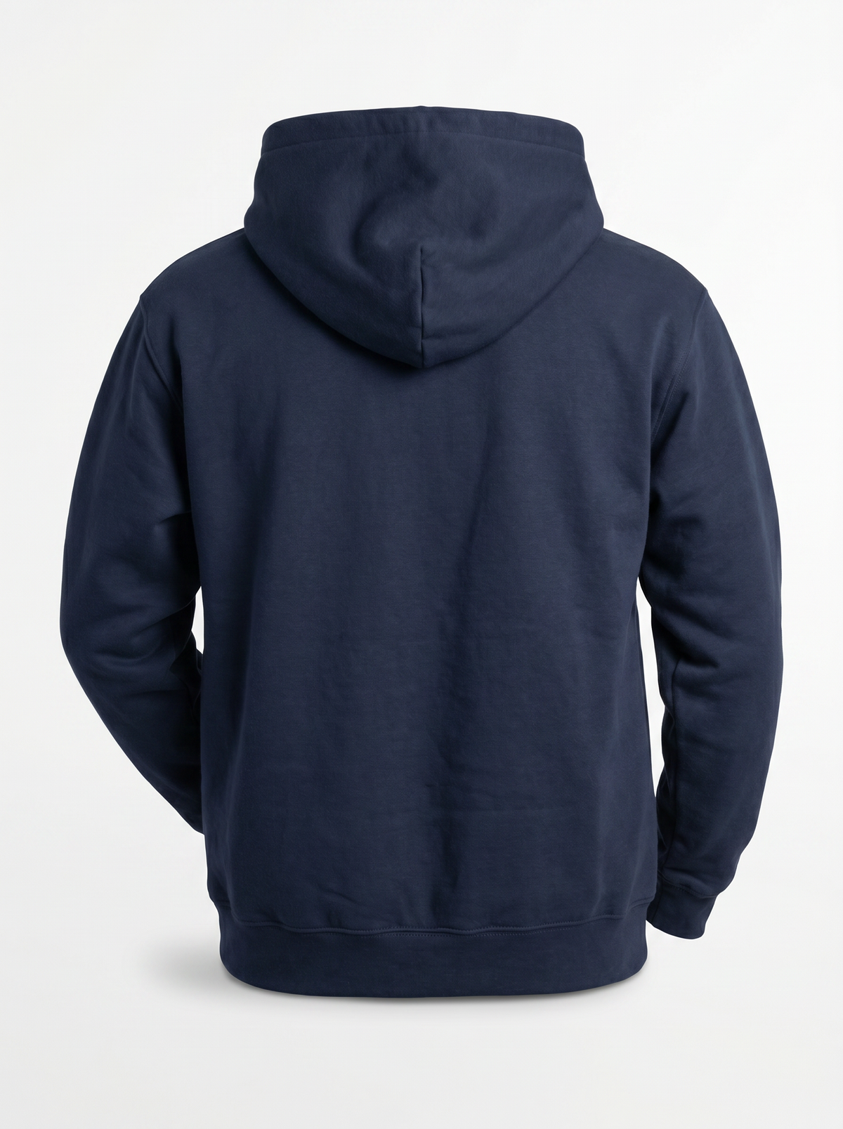 A navy blue pullover hoodie shown from the back, photographed against a clean white studio background.