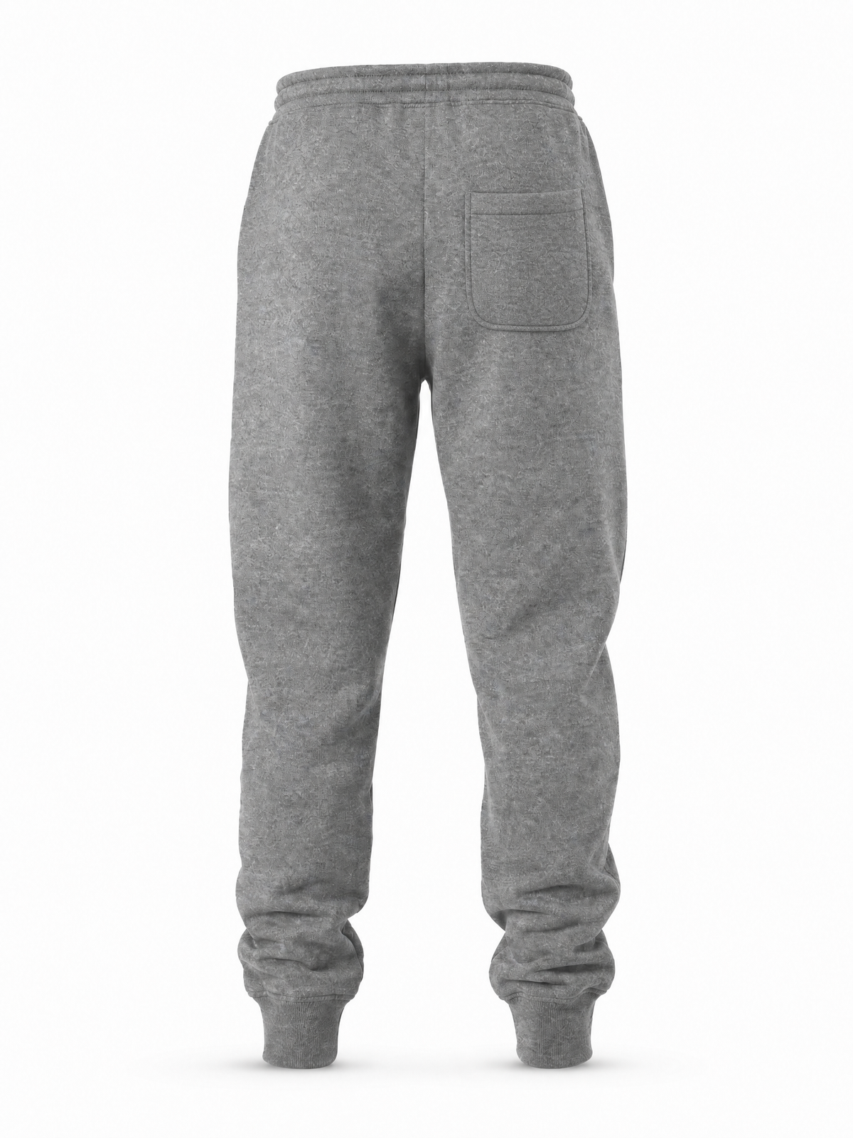 A pair of heather gray sweatpants shown from the back, featuring an elastic waistband, a single back pocket, and ribbed ankle cuffs, displayed on a clean white background.