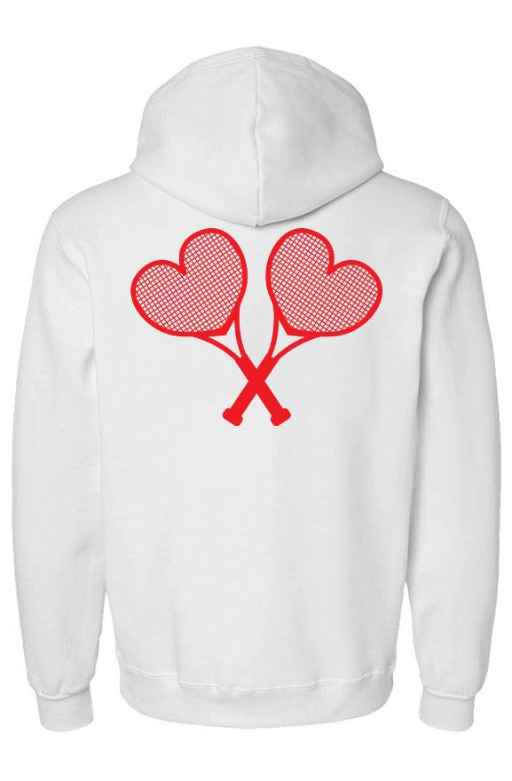 White hoodie with red heart tennis rackets crossed over the back set against a white background