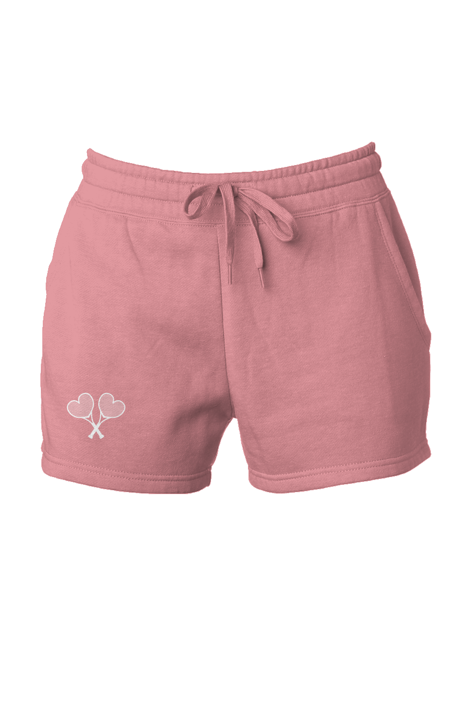 Pink shorts with a logo on a white background