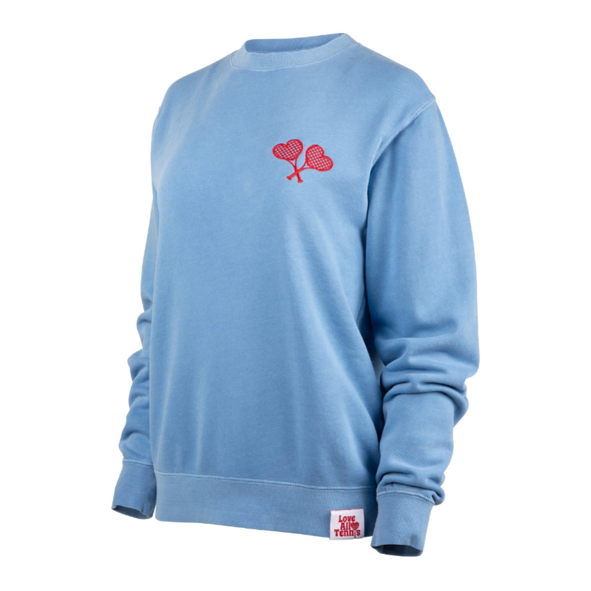 Blue sweatshirt with a red logo on a white background