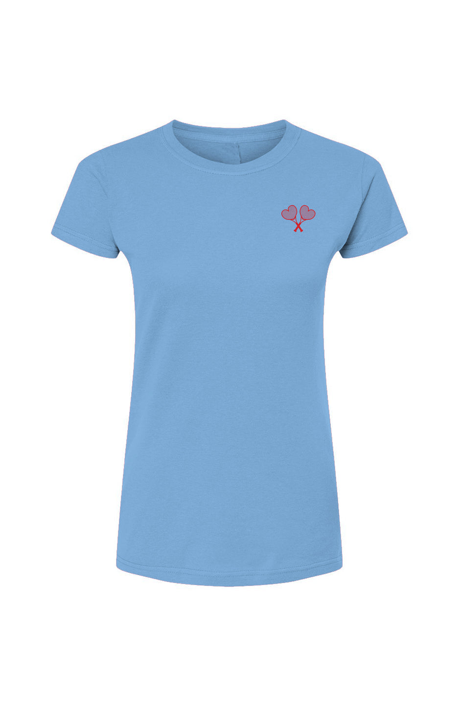 Baby blue t-shirt with a small red logo graphic set against a white background