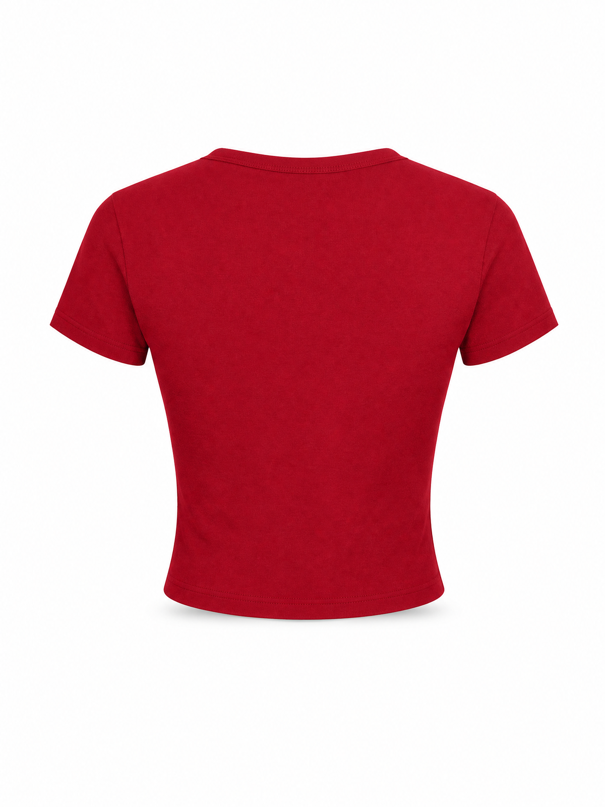 A red short-sleeve crop top shown from the back, displayed on a clean white background.