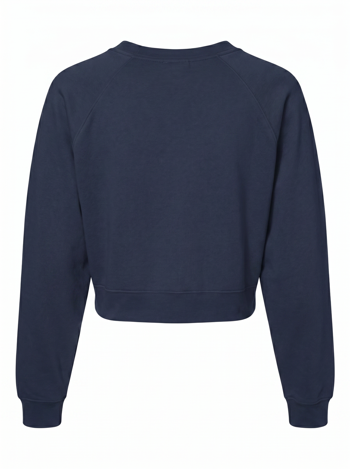 A navy blue cropped crewneck sweatshirt with raglan sleeves, shown from the back on a plain white background.