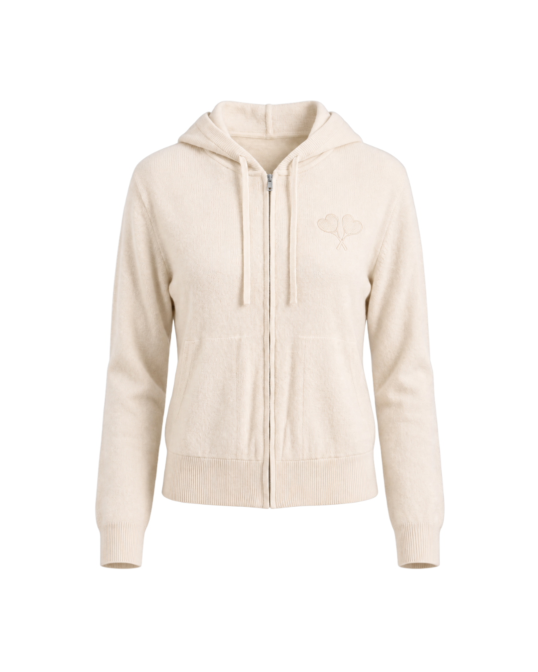 A cream-colored zip-up hoodie with a drawstring hood, ribbed cuffs and hem, and a small tonal embroidered logo on the left chest, shown against a plain white background.