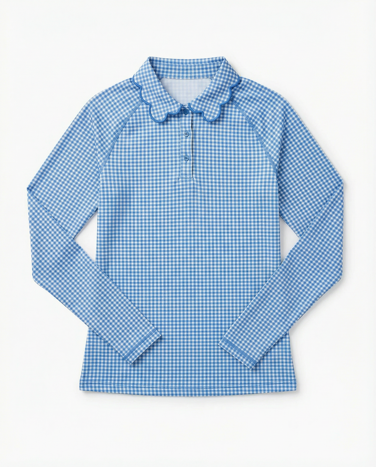 A long-sleeve collared shirt with a blue and white gingham pattern, laid flat against a light off-white background.