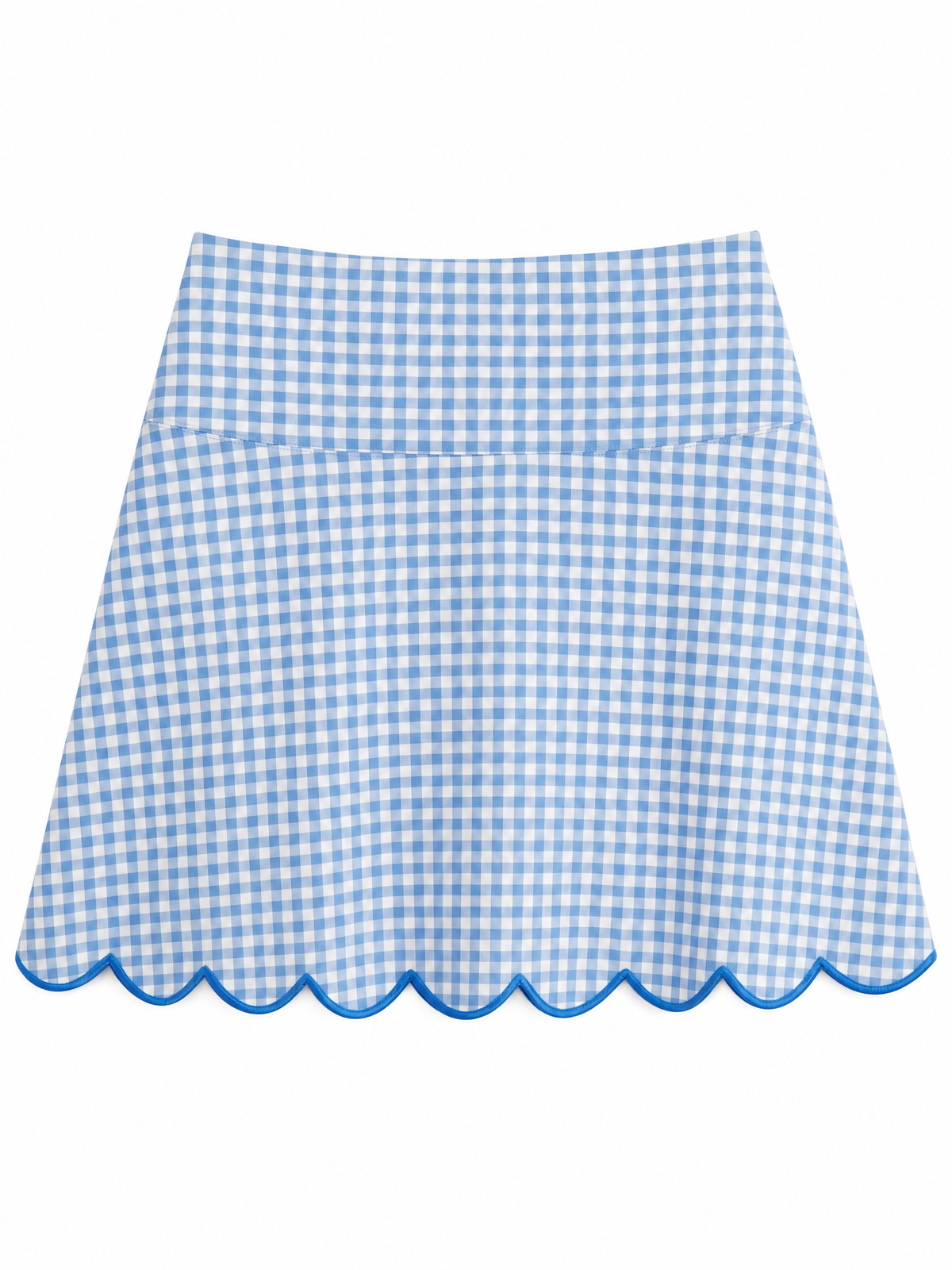 A blue and white gingham check flared skirt with a scalloped hem and solid blue waistband, shown flat against a white background.
