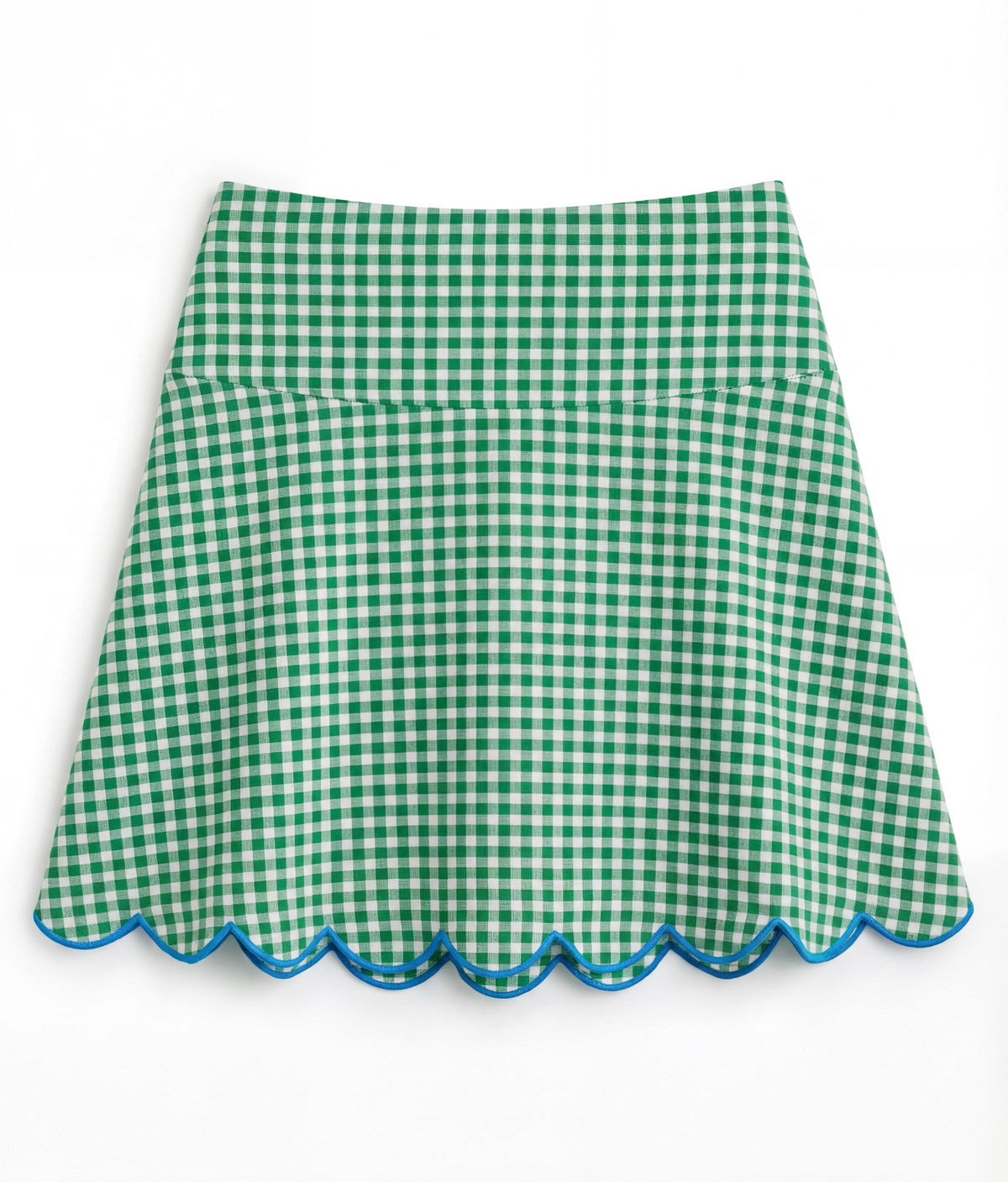 Green gingham skirt with scalloped edge on a white background