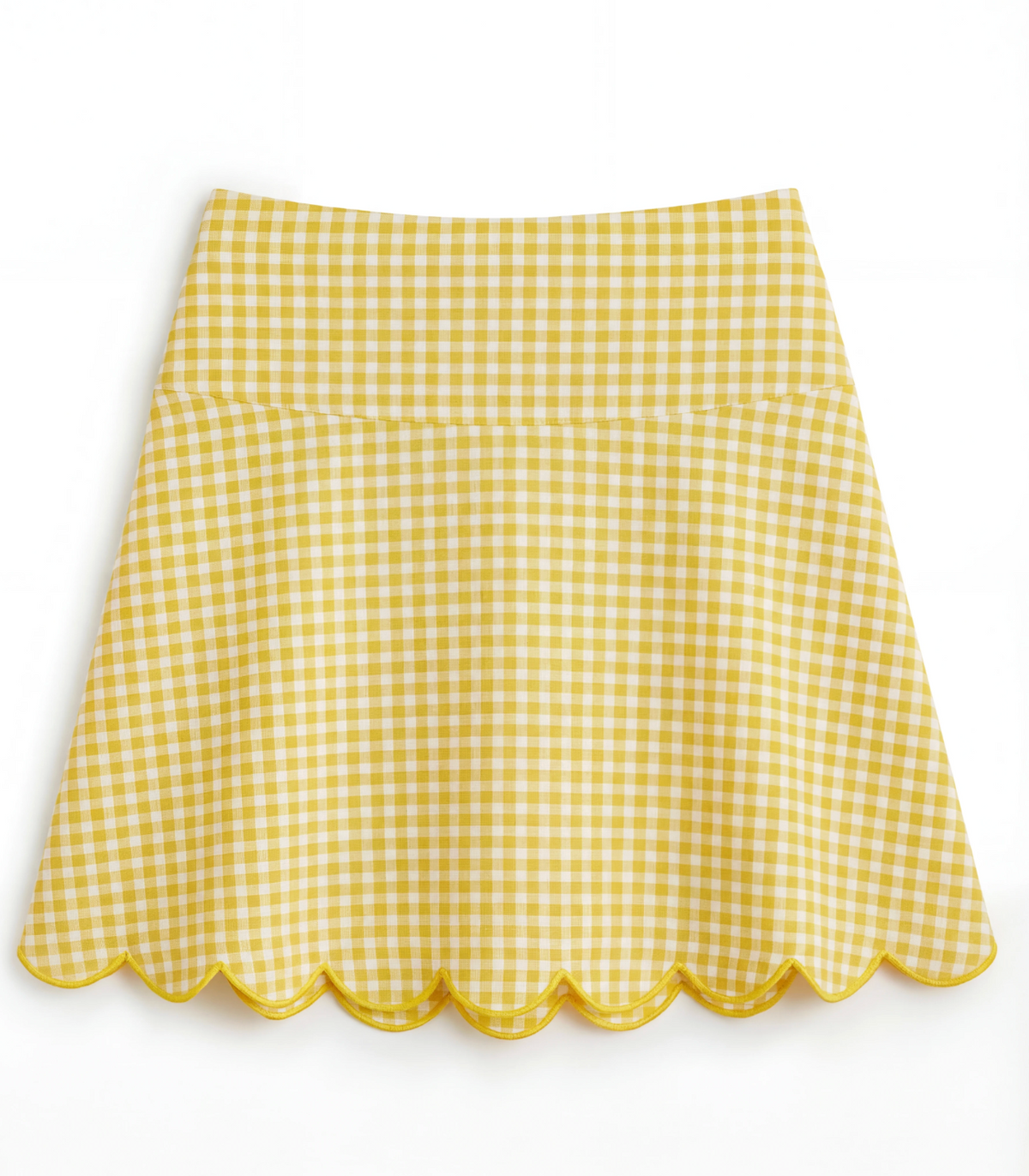 Yellow and white gingham skirt with yellow scalloped hem on flat white background