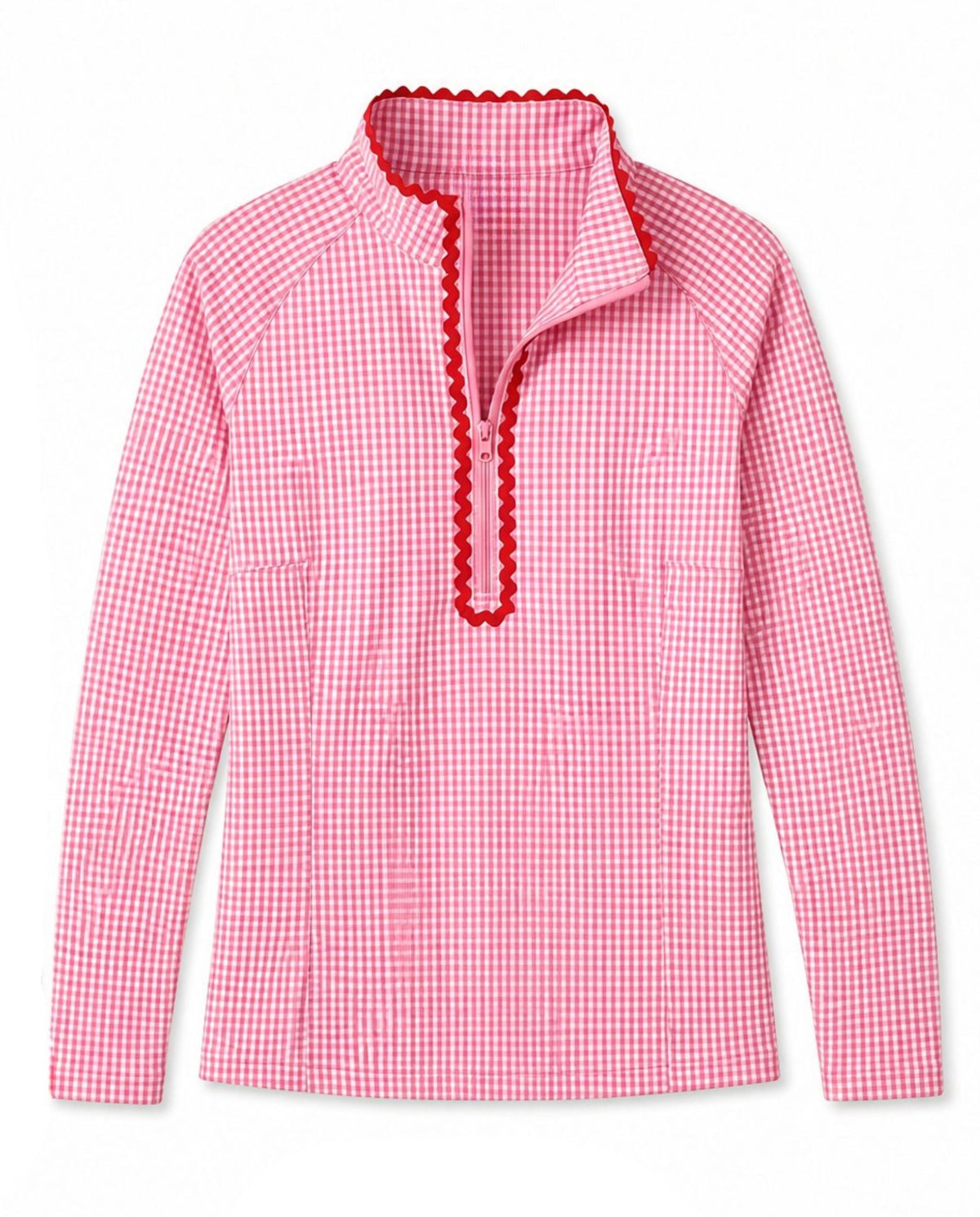A pink and white gingham long-sleeve top with a red scalloped trim along the mock neck and placket, displayed on a clean white background.