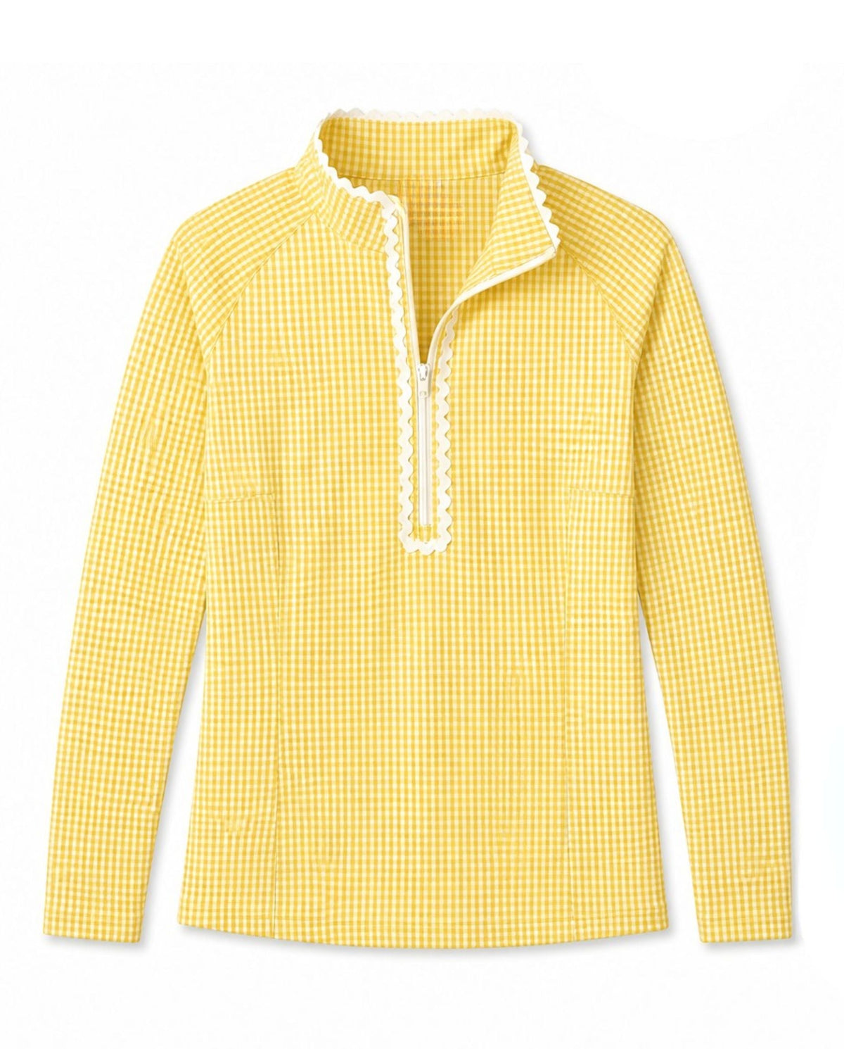 A yellow and white gingham long-sleeve top with a mock neck and white lace trim down the front placket, shown on a plain white background.