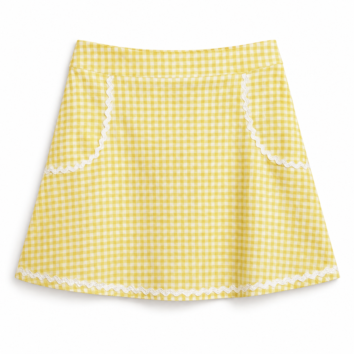 A yellow and white gingham mini skirt with white lace trim along the pockets and hem, displayed flat against a white background.