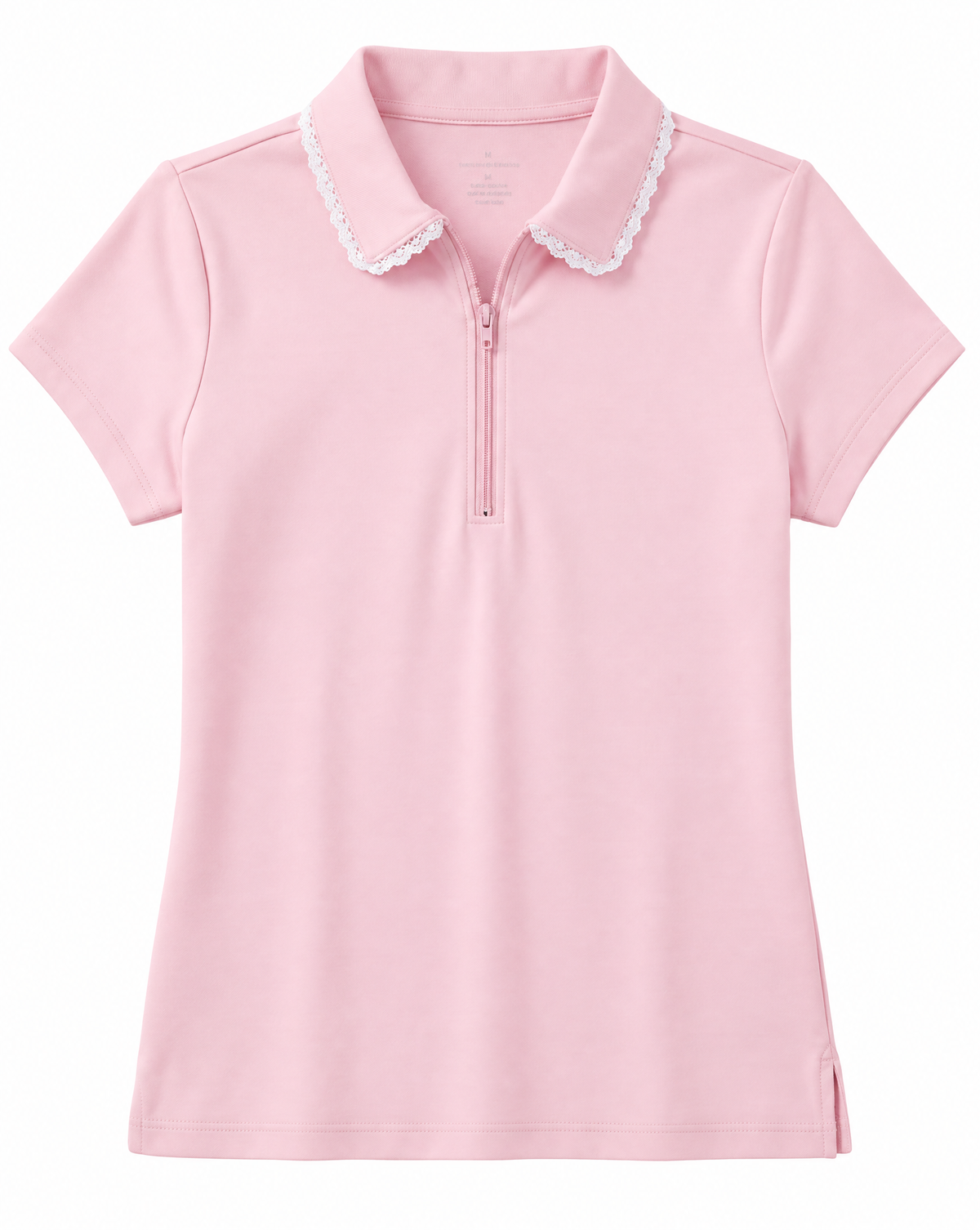A light pink short-sleeve polo shirt with a half-zip neckline and a white scalloped lace trim along the collar, shown against a plain white background.