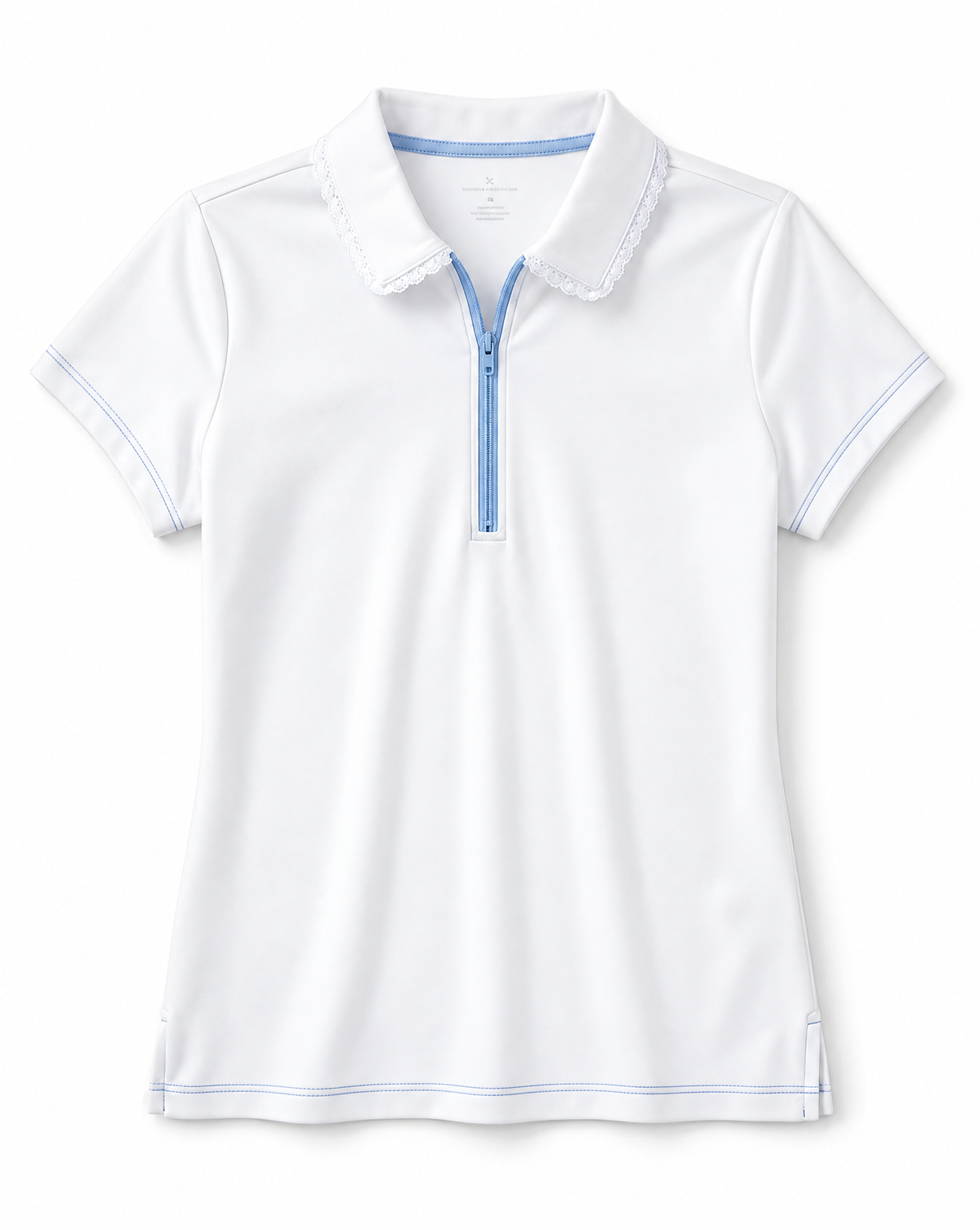 A white short-sleeve polo shirt with a half-zip collar, featuring light blue trim along the zipper, collar lining, sleeve edges, and hem.