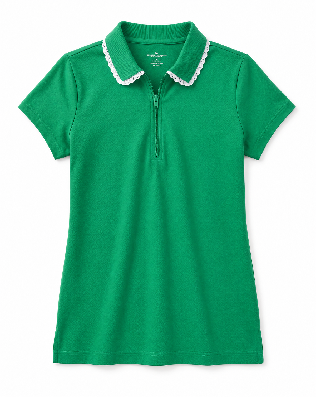 A green short-sleeve polo shirt with a half-zip neckline and a white scalloped collar trim, shown flat against a white background.