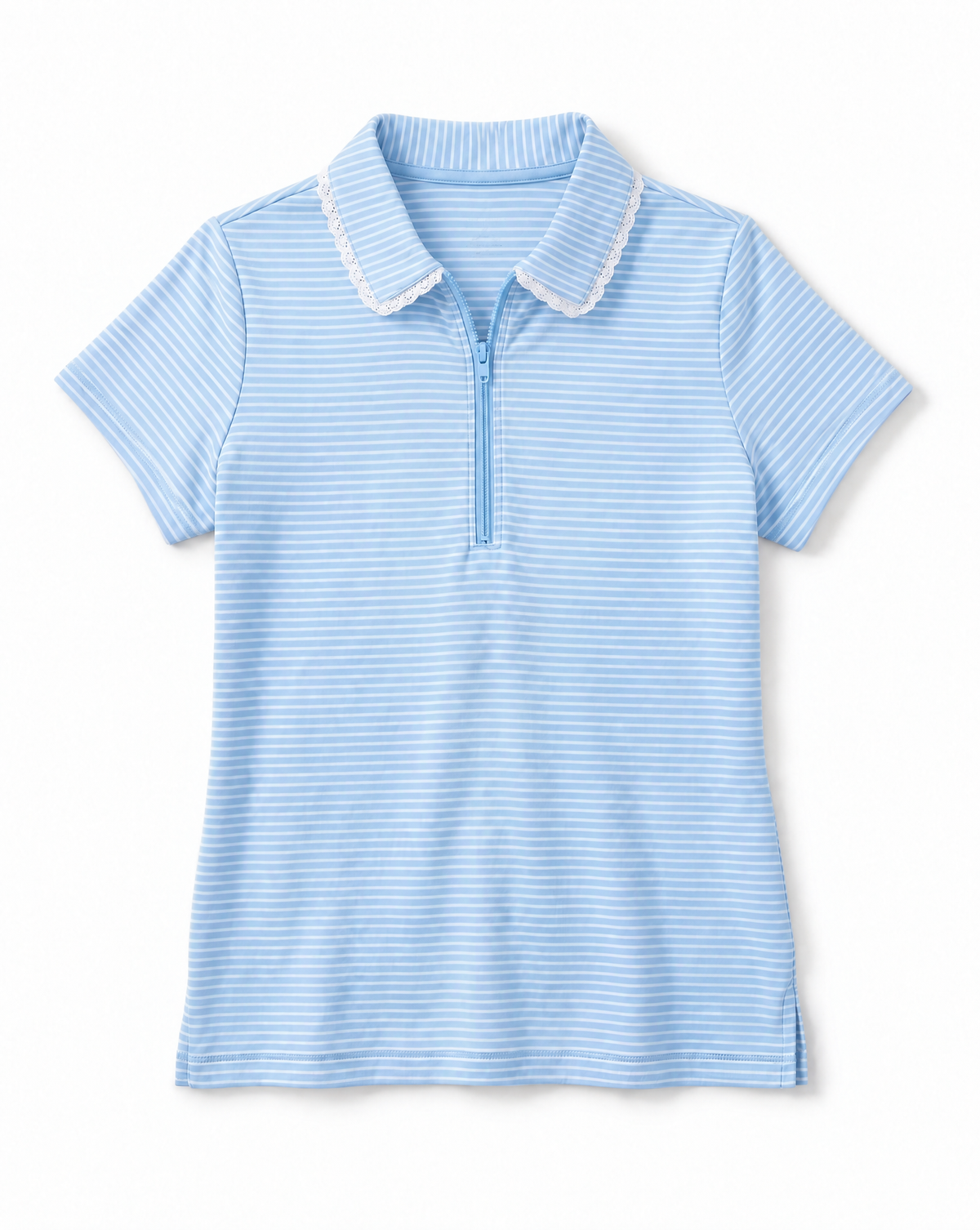 A light blue and white striped short-sleeve polo shirt with a half-zip collar and white lace trim, shown flat against a white background.