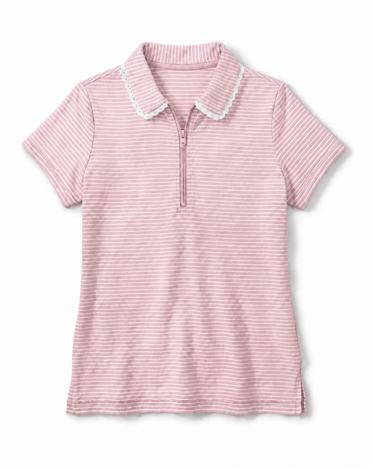 A pink and white striped short-sleeve polo shirt with a half-zip neckline and a white scalloped collar, shown flat against a white background.