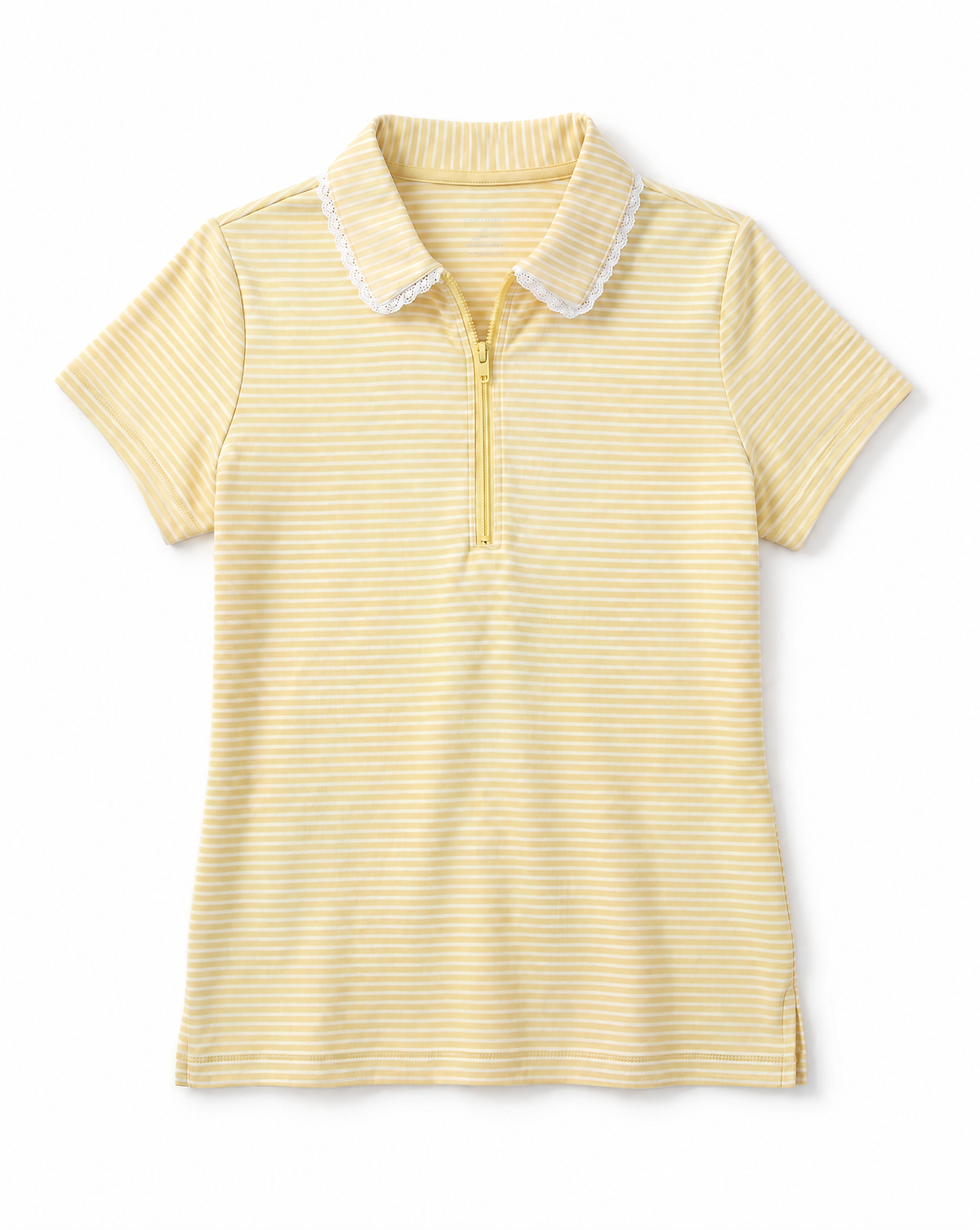 A short-sleeve polo shirt with fine yellow and white horizontal stripes, featuring a white ruffled collar and a short front zipper.