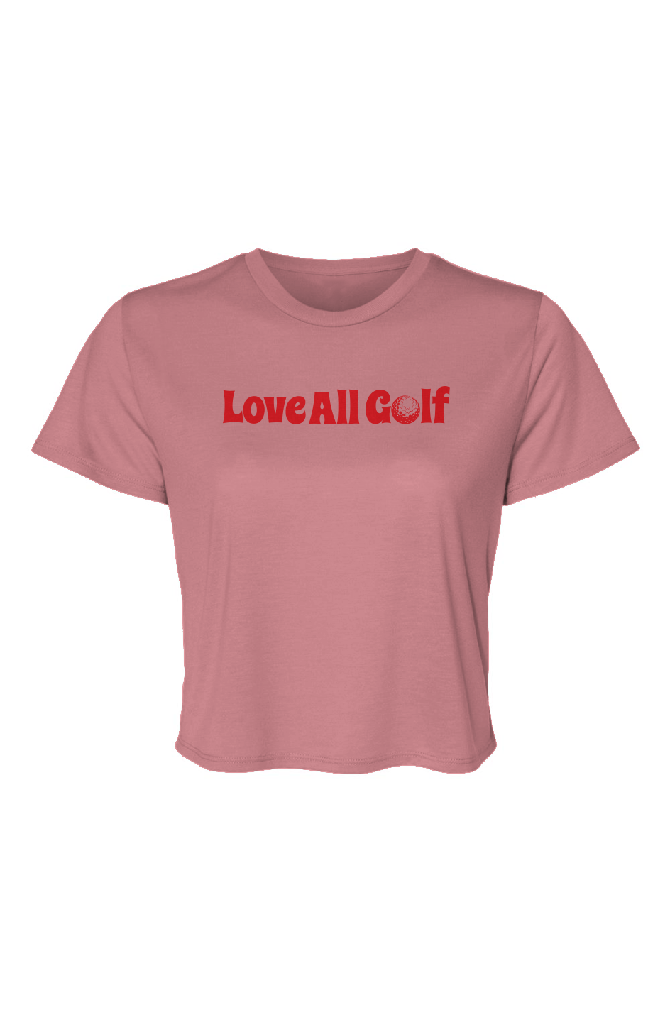 Mauve t-shirt with "Love All Golf" on the front in red text on a white background
