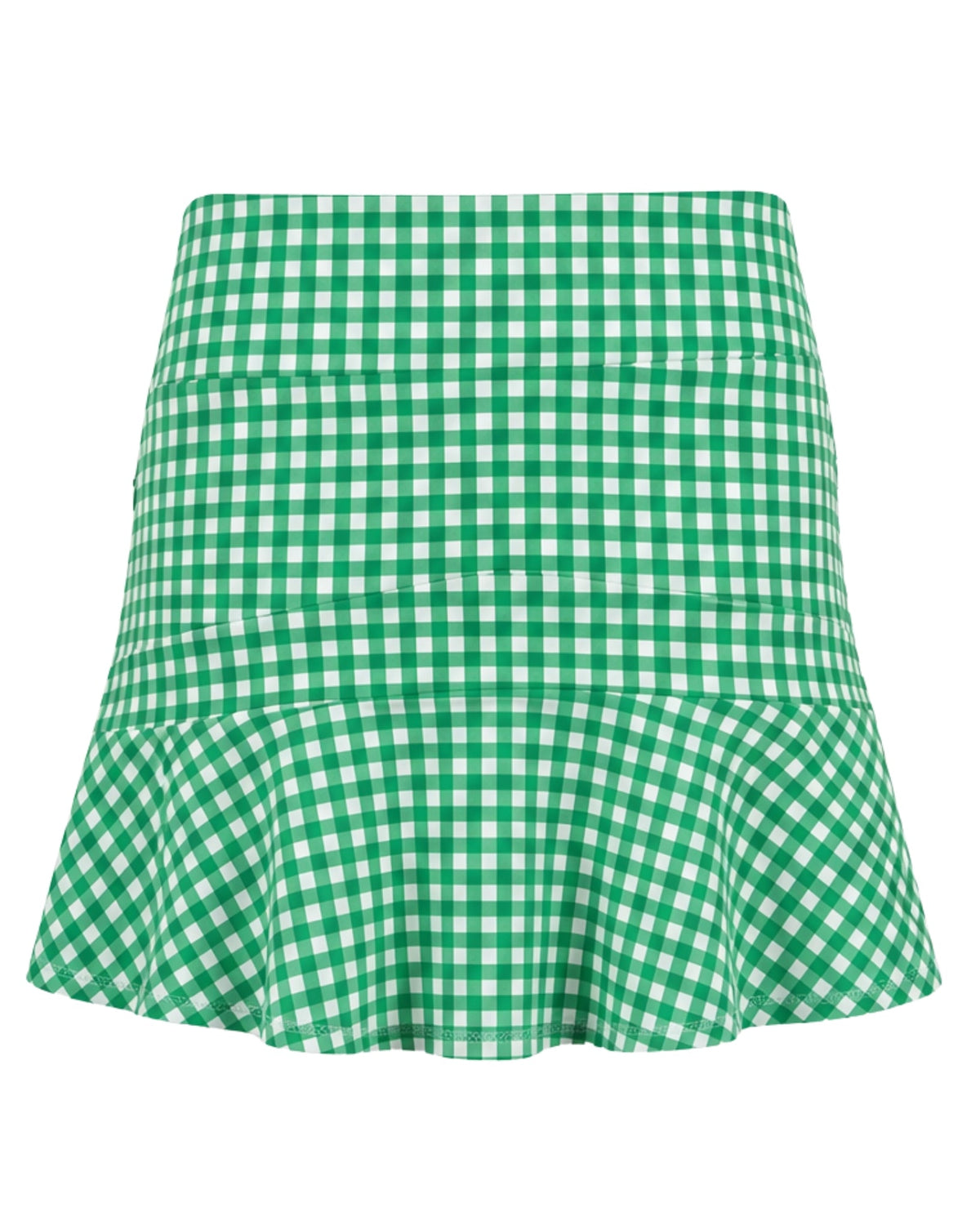 Green and white gingham check mini skirt with a flared ruffled hem, shown against a plain white background.