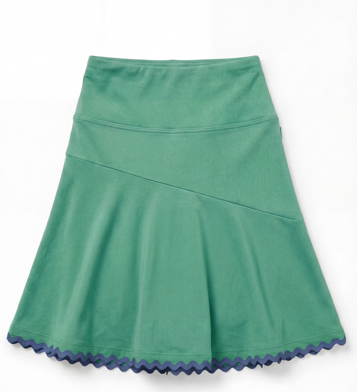 Green athletic skirt with navy scalloped hem on a flat white background
