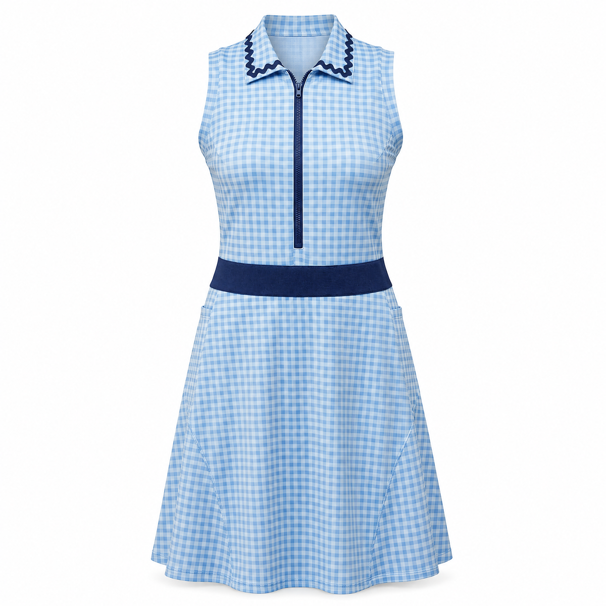 Blue and white gingham athletic dress with navy waist band, trim, and zipper set against a flat white background