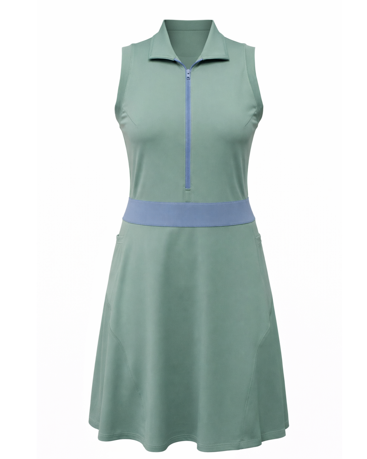Green sleeveless dress with a blue zipper on a white background