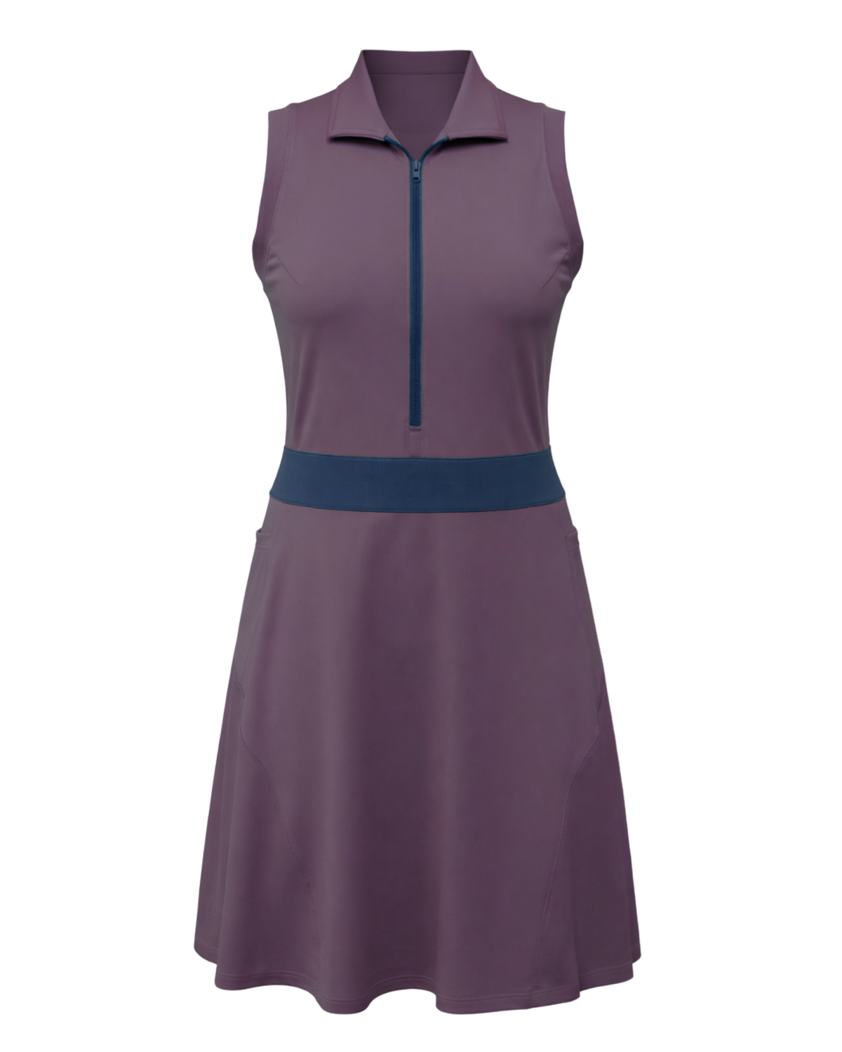 Purple sleeveless dress with a blue accent on a white background