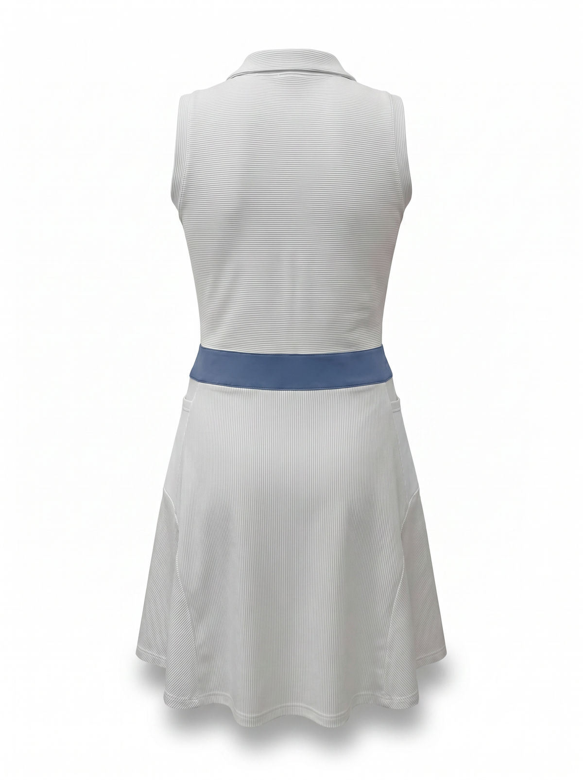 A sleeveless white polo-style dress with a flared skirt, shown from the back. It features a contrasting blue waistband and a small white collar at the top, photographed against a plain white background.
