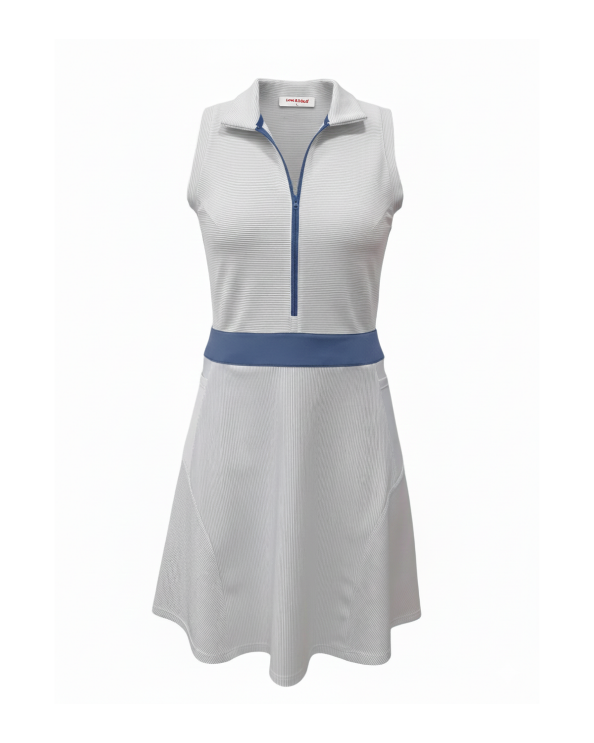 White sleeveless dress with blue accent on a white background