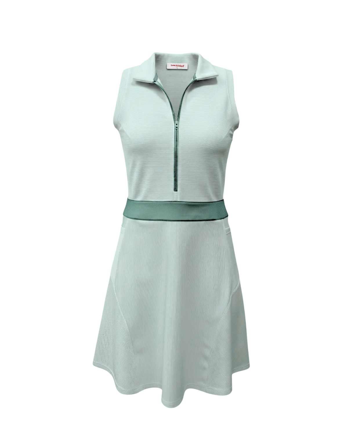 Light blue sleeveless dress with a zipper on a white background