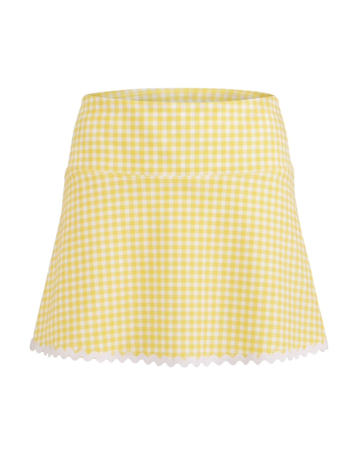 Yellow and white gingham skirt with white trim on flat white background
