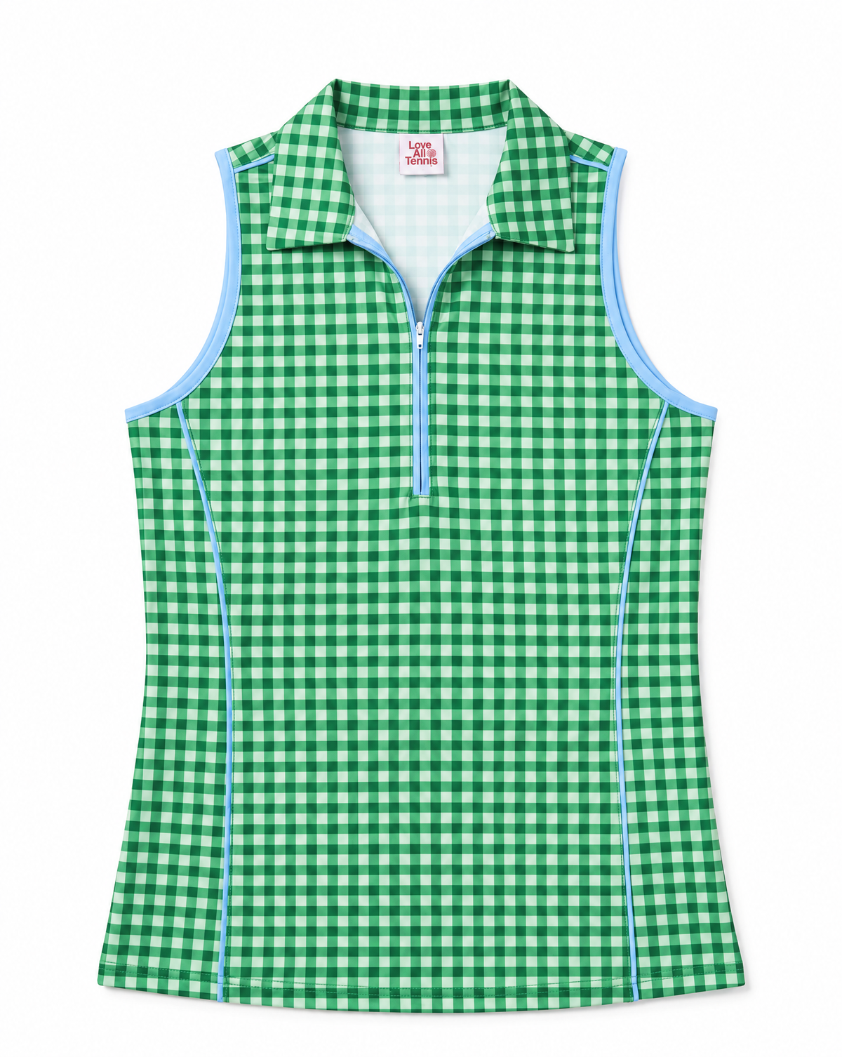 A sleeveless women's polo-style top with a green and white gingham check pattern, a light blue trim along the collar and armholes, and a light blue zipper at the neckline, shown on a plain white background.