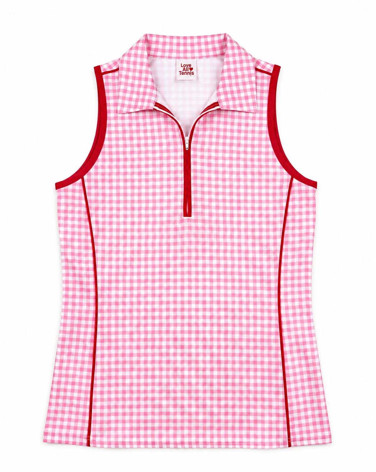 A sleeveless women's top with a pink and white gingham check pattern, a red trim collar, red trim along the zipper, and red piping details on a white background.