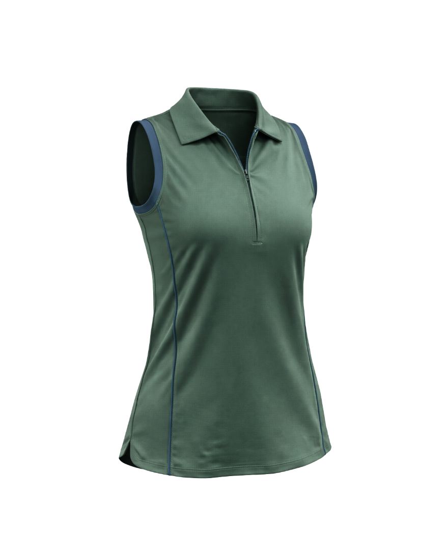 Green sleeveless polo shirt with blue accents on a white background