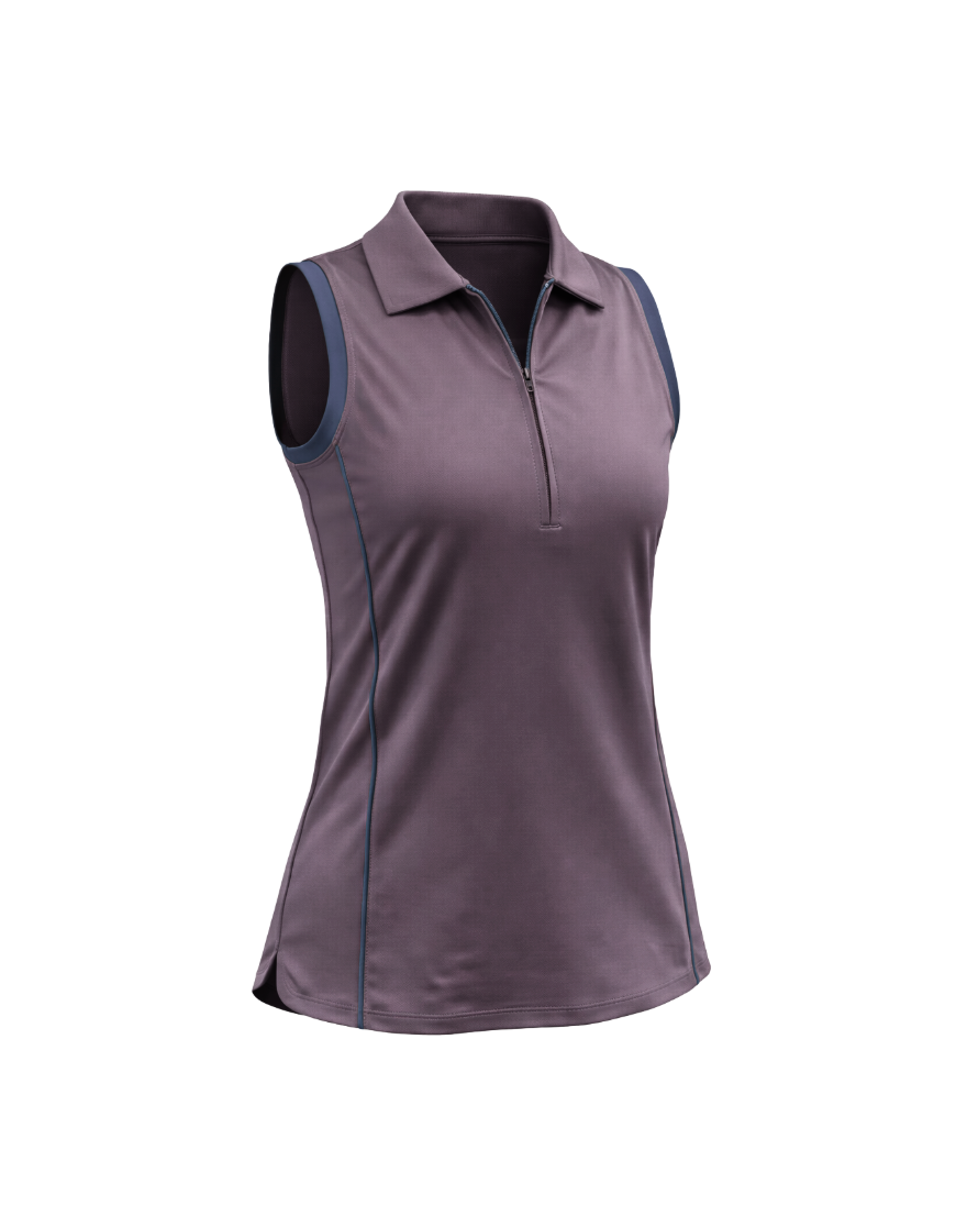Mauve and navy sleeveless women's athletic polo on flat white background