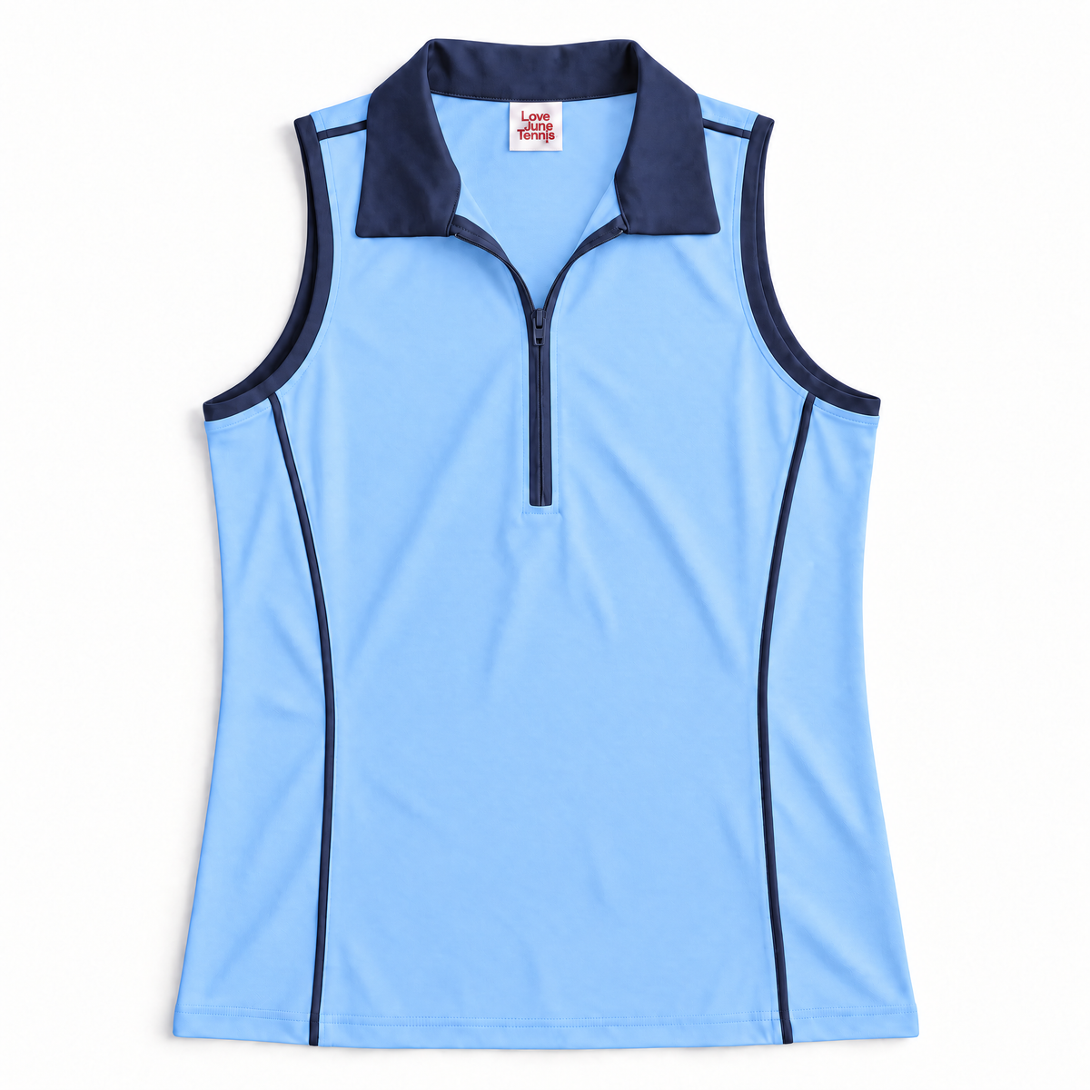 Light blue and navy golf polo laid flat on white background