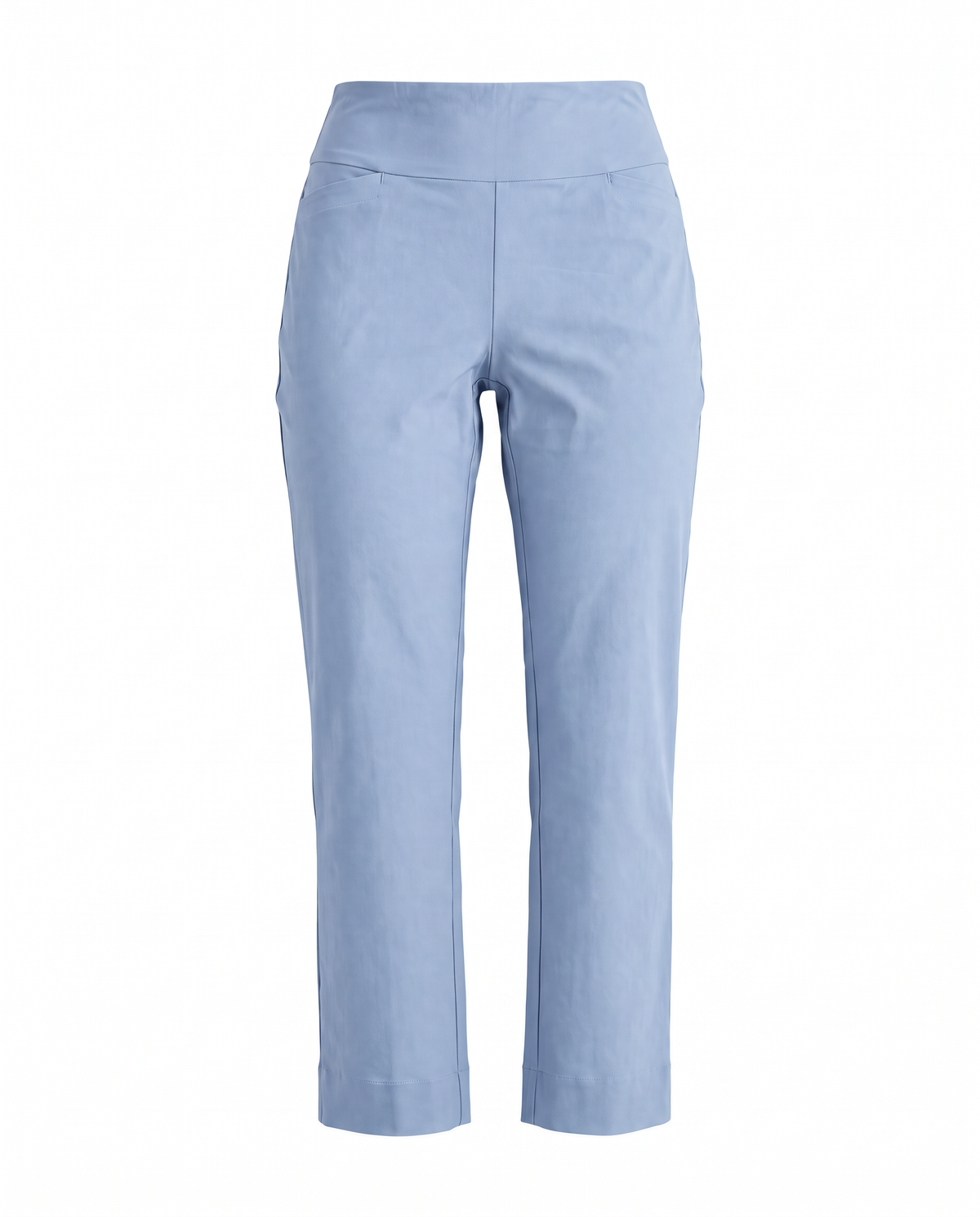 Light blue cropped trousers with a wide waistband, displayed on a clean white background.