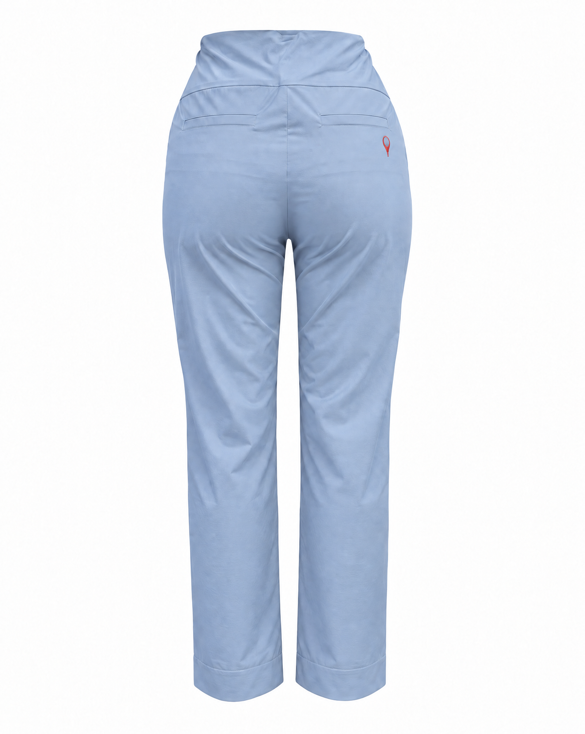 Light blue cropped pants shown from the back, featuring a high waistband, two rear patch pockets, and a small red logo on the upper right side.