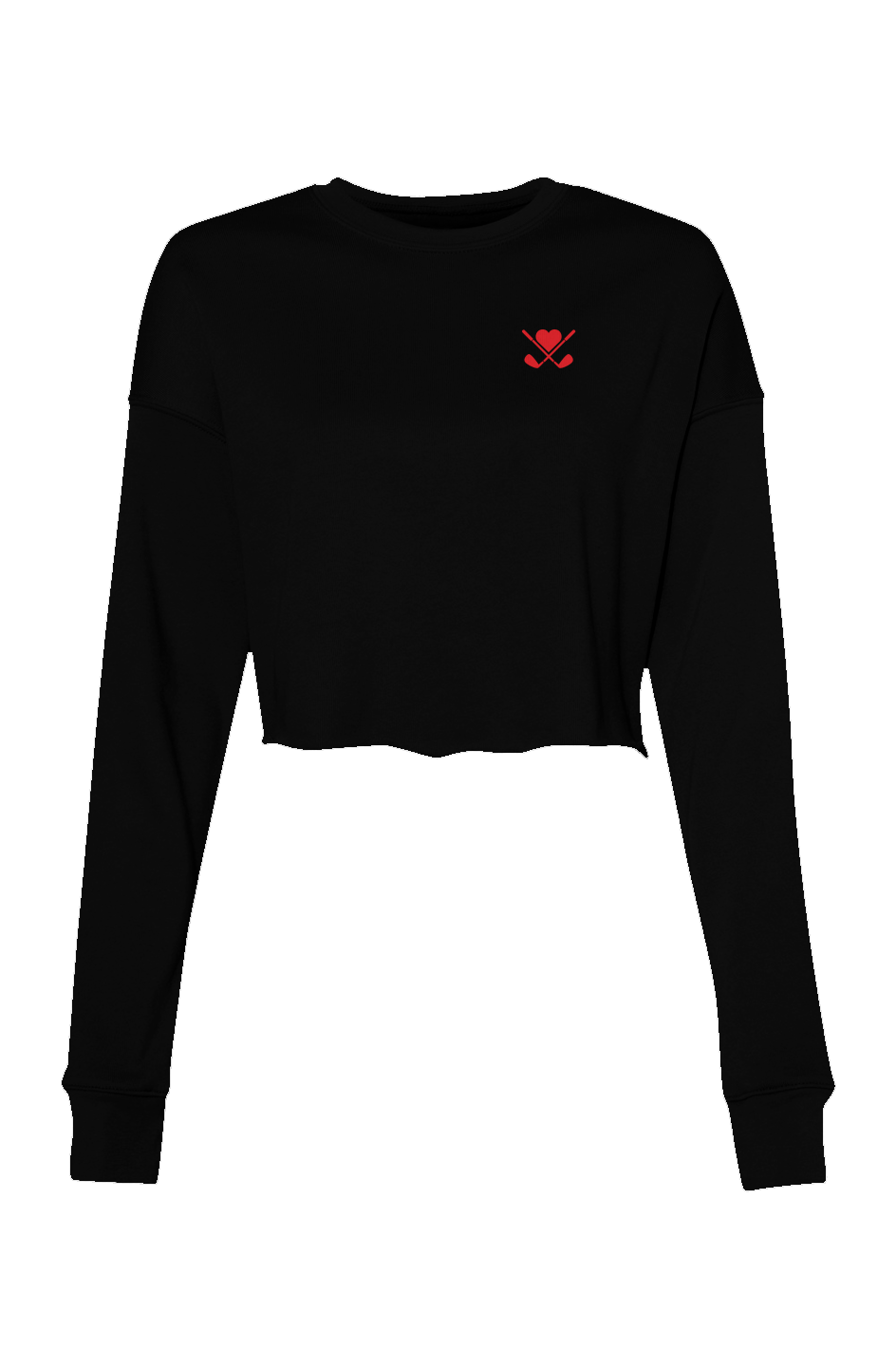 Black cropped sweatshirt with red logo on left chest on a white background