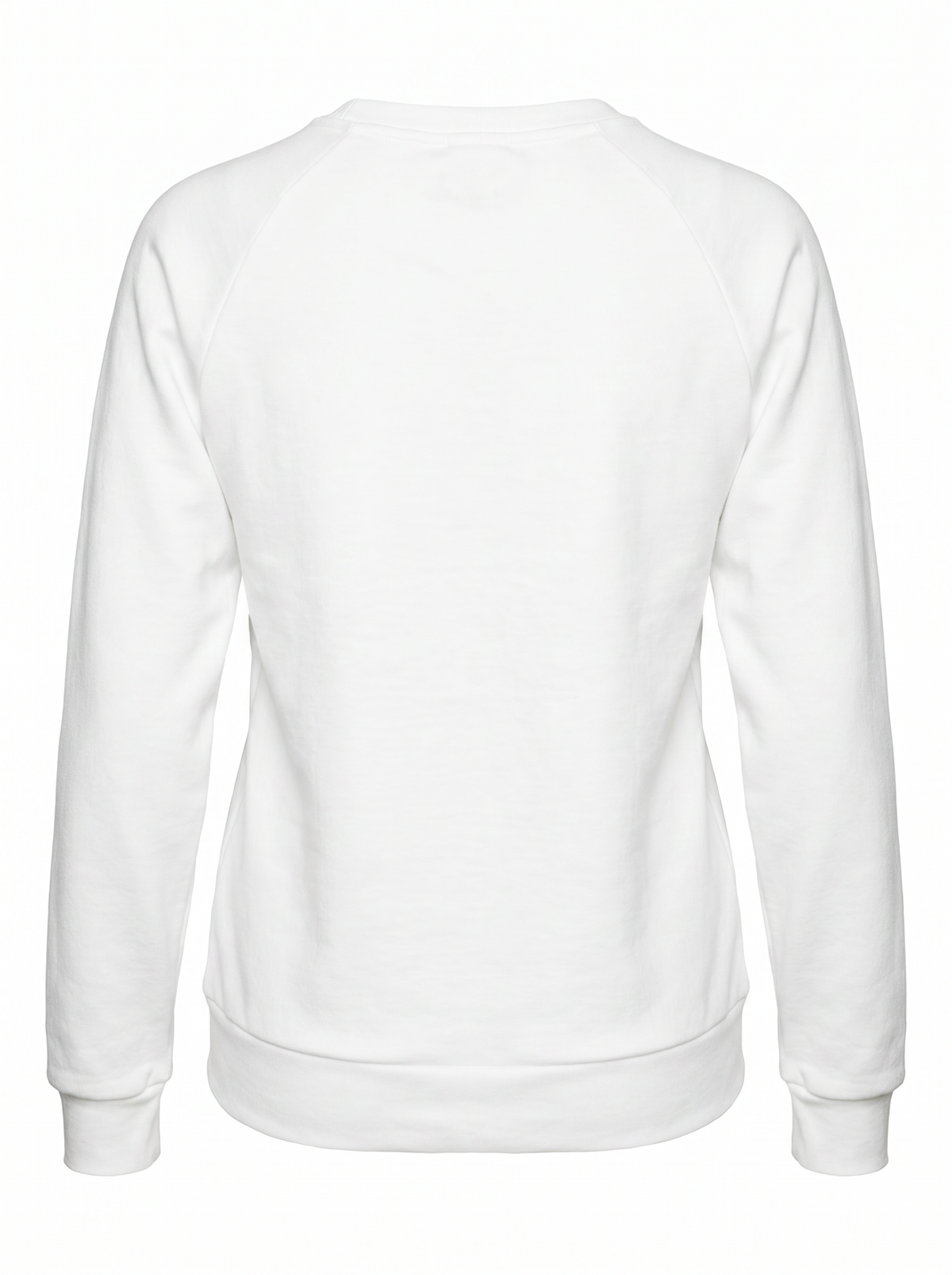 A plain white long-sleeve crewneck sweatshirt shown from the back, photographed on a clean white background.