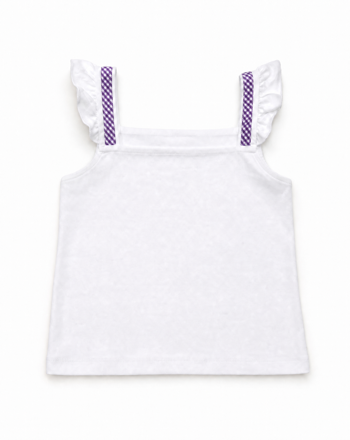 A white sleeveless children's top with ruffled shoulder straps and purple patterned strap details, shown flat against a white background.
