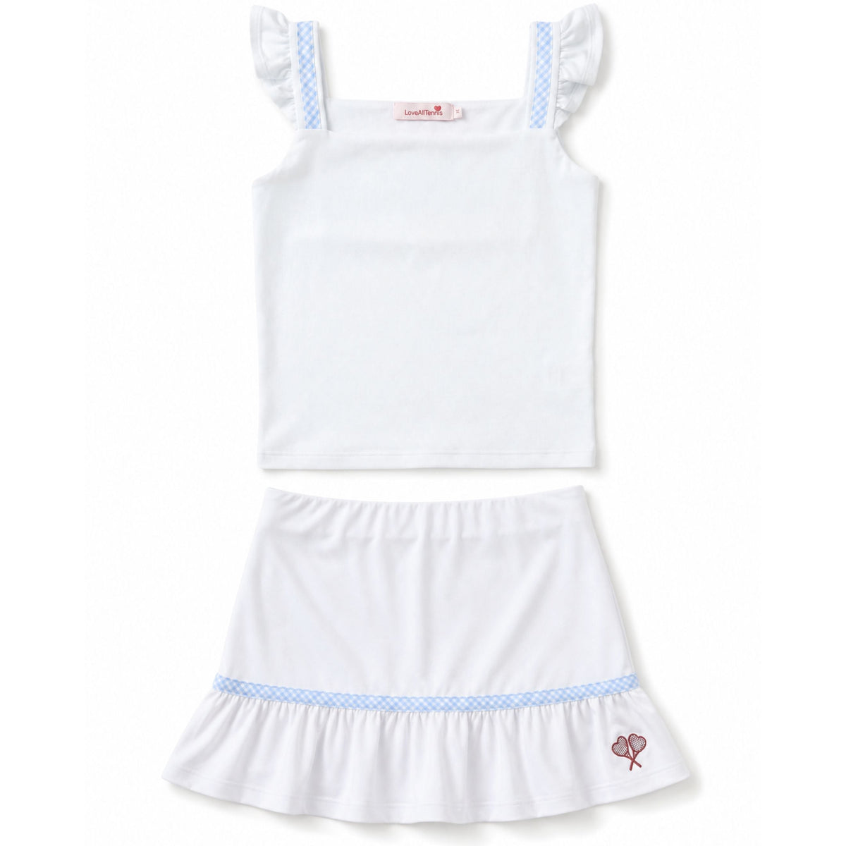 White dress with blue trim on a white background