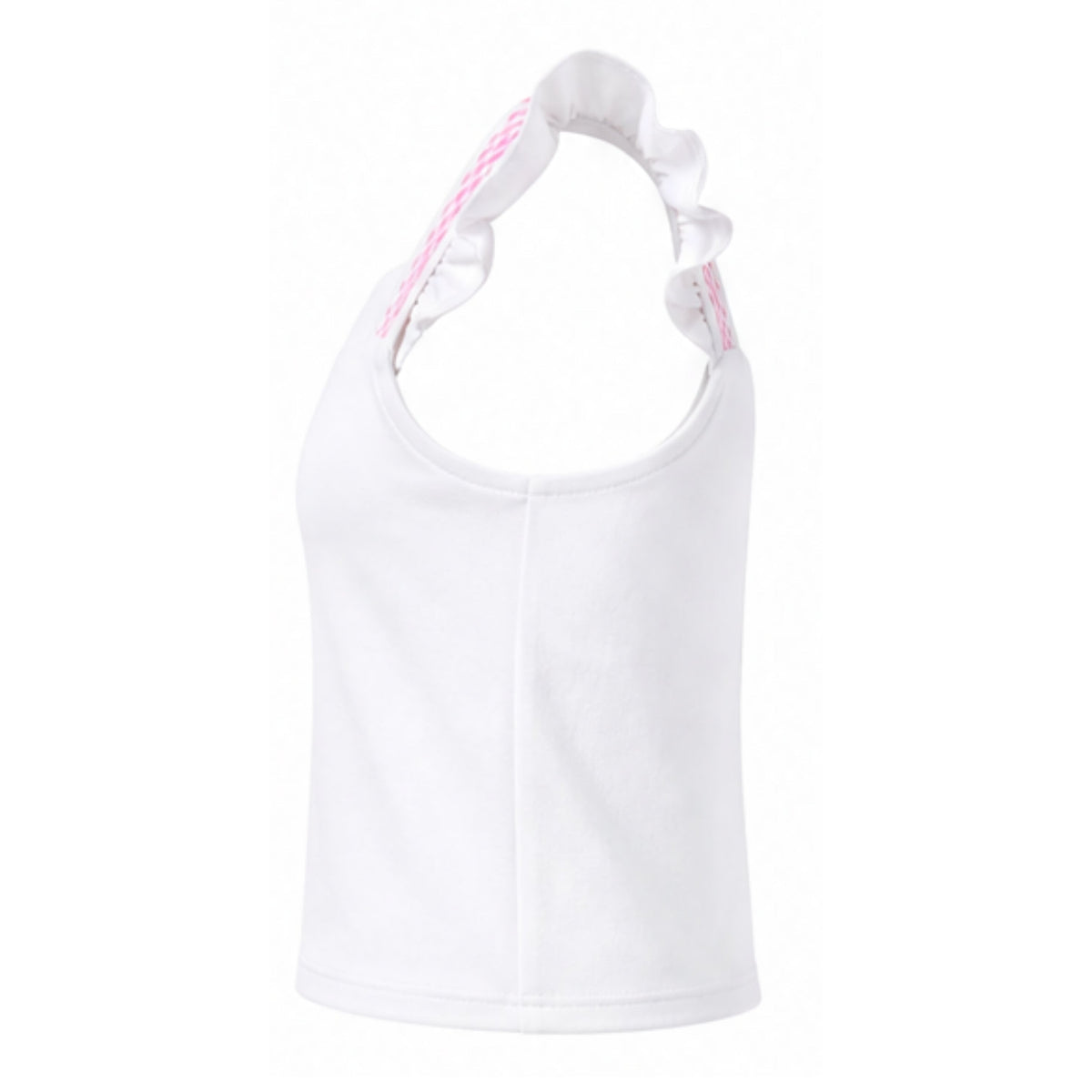White tank top with pink accents on a white background