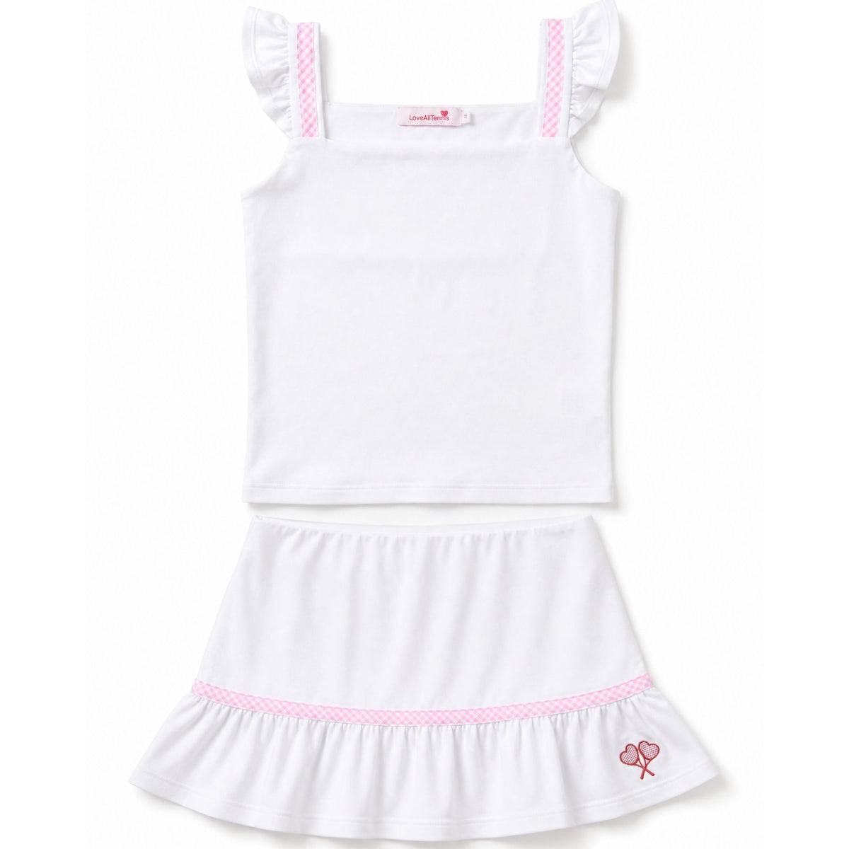 White dress with pink trim on a white background
