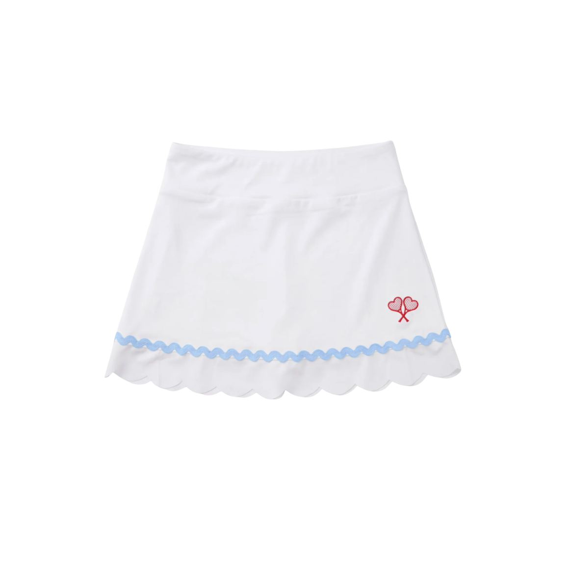 White skirt with blue trim and red heart design on a white background
